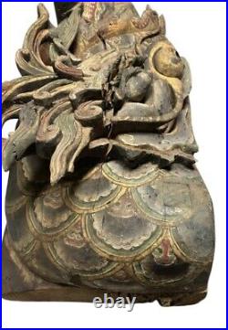 19th CENTURY CHINESE QING CARVED PAINTED WOOD DRAGON SHELF GLASS TOP WEIGHS 17lb