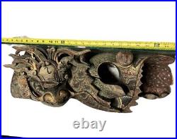 19th CENTURY CHINESE QING CARVED PAINTED WOOD DRAGON SHELF GLASS TOP WEIGHS 17lb