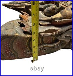 19th CENTURY CHINESE QING CARVED PAINTED WOOD DRAGON SHELF GLASS TOP WEIGHS 17lb