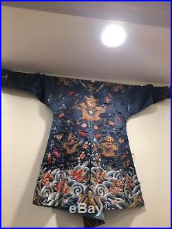 19th Century ANTIQUE CHINESE CHINA EMBROIDERY SILK ROBE BLUE DRAGON