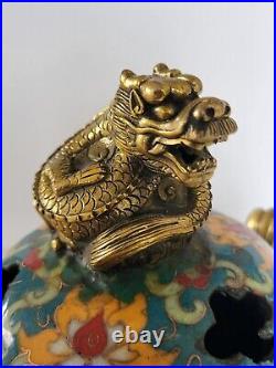 19th Century CHINESE Vintage Antique Cloisonne INCENSE BURNER Bowl Brass Dragon