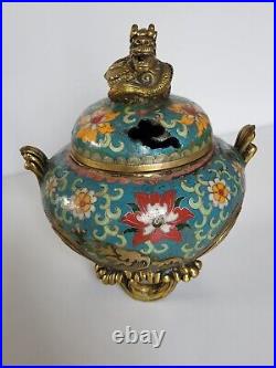 19th Century CHINESE Vintage Antique Cloisonne INCENSE BURNER Bowl Brass Dragon