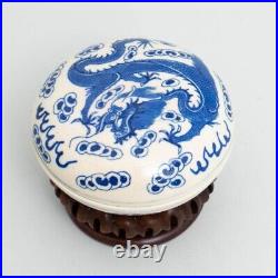 19th c. Chinese Hand Painted Porcelain Covered Lidded Ink Box w. Dragon 3.5 W