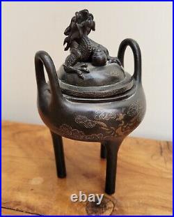 19thC Chinese Bronze Censor Incense Burner 3 Toed Dragon & Pearl Phoenix
