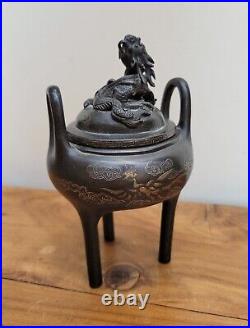 19thC Chinese Bronze Censor Incense Burner 3 Toed Dragon & Pearl Phoenix