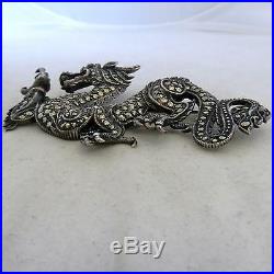 2.75 Vintage Chinese Sterling Silver & Marcasite DRAGON Brooch with Ruby (23.1g)