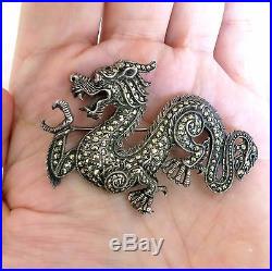 2.75 Vintage Chinese Sterling Silver & Marcasite DRAGON Brooch with Ruby (23.1g)