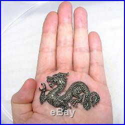 2.75 Vintage Chinese Sterling Silver & Marcasite DRAGON Brooch with Ruby (23.1g)