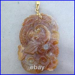 2.9 Chinese Carved Green & Brown JADEITE Jade Pendant with Dragon & 20K Gold Bale