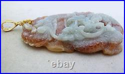 2.9 Chinese Carved Green & Brown JADEITE Jade Pendant with Dragon & 20K Gold Bale