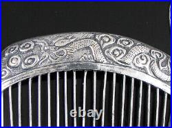 2 Antique CHINESE STERLING SILVER HAIR COMBS DRAGONS SIGNED