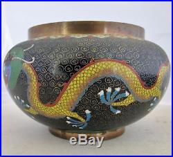 2 Antique Chinese Black Cloisonne Vases with Yellow Celestial Dragons (5.75)