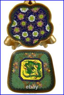 2 Antique Chinese Cloisonne Plates Trays Dishes Dragon Millefiori 3 1/2 Enamel