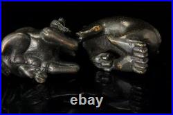 2 Antique Chinese Dragon Ram Bronze Scroll Weights Figural D114-15