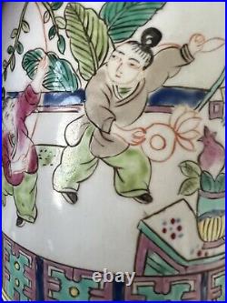 2 Antique Chinese Hand Paint Dragon Children Cylinder Hallmark Famille Jars 6