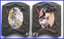 2 OLD Chinese Bronze Photo Frames Dragons Oriental Asian Antique withGlass RARE