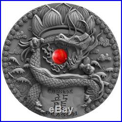 2018 Niue $2 CHINESE DRAGON, 2oz. 999 silver withantique finish & coral stone