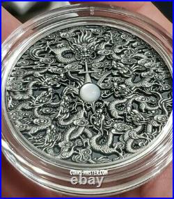 2020 2 Oz Silver NINE DRAGONS Chinese Legend Antique Coin, Mother Of Pearl Insert