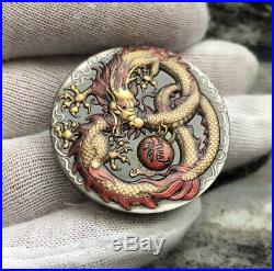 2020 Tuvalu Dragon 2 Oz Silver High Relief Antiqued Colored Coin (mintage 888)