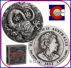 2022 Australia Dragon 2 oz Silver Antiqued Coin with OGP Chinese Myths & Legends