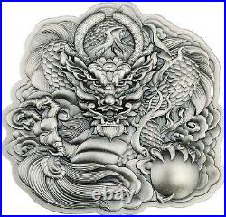 2022 Fiji Chinese Dragon Shaped Coin Hi Relief Antique Finish 2 oz. 999 silver