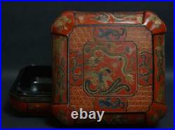 22.8 cm Cake Box Phoenix Dragon Wood Carving Lacquer Ware Chinese Antique Used