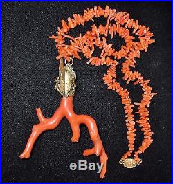 22 Red Coral Branch Bead Necklace & 4.3 Antique Chinese Vermeil Dragon Pendant