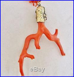 22 Red Coral Branch Bead Necklace & 4.3 Antique Chinese Vermeil Dragon Pendant