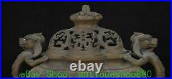 25CM Old Chinese Bronze Beast Dragon Loong Ear Incense Burner Censer Statue