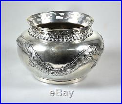 264 Grams ANTIQUE CHINESE EXPORT SOLID SILVER DRAGON BOWL CHINA SING FAT 1900