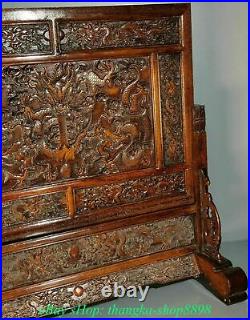 26Old China Rosewood Carving Dynasty Palace Dragon Bead Folding Screen