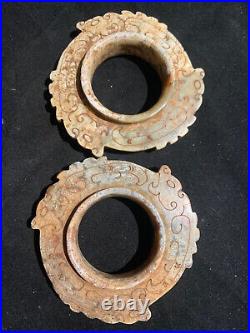 2Pcs Antique Chinese HeTian Jade Hand Carved 3Dragons FengShui Wheels