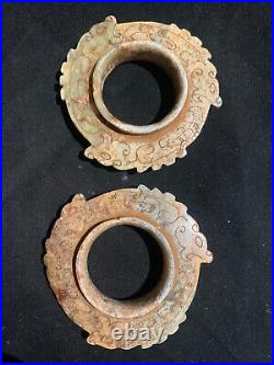 2Pcs Antique Chinese HeTian Jade Hand Carved 3Dragons FengShui Wheels