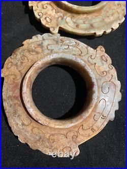 2Pcs Antique Chinese HeTian Jade Hand Carved 3Dragons FengShui Wheels