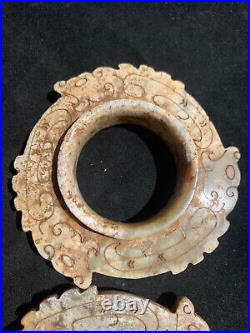 2Pcs Antique Chinese HeTian Jade Hand Carved 3Dragons FengShui Wheels