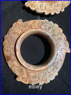 2Pcs Antique Chinese HeTian Jade Hand Carved 3Dragons FengShui Wheels