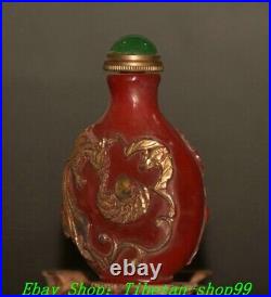 3.1''Old Red Coloured Glaze Gilt Carved Dragon Bat Snuff Bottle Statue Sculpture