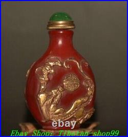 3.1''Old Red Coloured Glaze Gilt Carved Dragon Bat Snuff Bottle Statue Sculpture