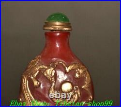 3.1''Old Red Coloured Glaze Gilt Carved Dragon Bat Snuff Bottle Statue Sculpture