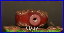 3.1''Old Red Coloured Glaze Gilt Carved Dragon Bat Snuff Bottle Statue Sculpture