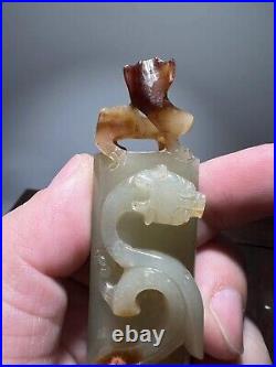 3.98-inch Chinese antique high relief jade dragon pendant