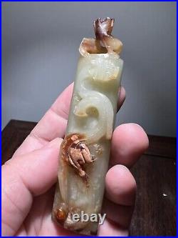 3.98-inch Chinese antique high relief jade dragon pendant