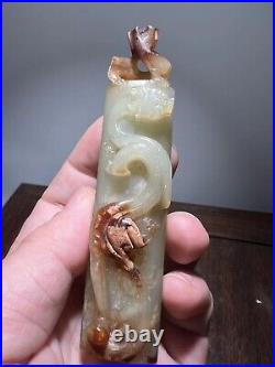 3.98-inch Chinese antique high relief jade dragon pendant