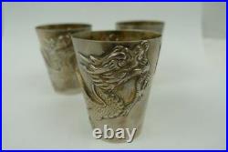 3 Antique 1890 Woshing Chinese export sterling silver dragon beaker cup Shanghai