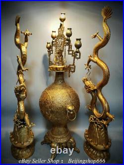 30 Old Chinese Bronze 24K Gold Gilt Fengshui Double Dragon Censer Statue Set