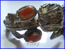 #36 Antique Vintage Oriental Chinese Sterling Silver Coral Dragon Bracelet