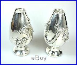 366 gr PAIR ANTIQUE DRAGON VASE CHINESE EXPORT SOLID SILVER CHINA 1890