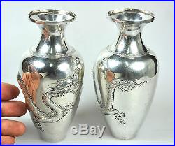 366 gr PAIR ANTIQUE DRAGON VASE CHINESE EXPORT SOLID SILVER CHINA 1890