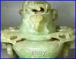 4.7'' Old Chinese Green Jade Dragon Loong Animal 3 Leg Incense Burner Censer