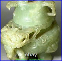 4.7'' Old Chinese Green Jade Dragon Loong Animal 3 Leg Incense Burner Censer